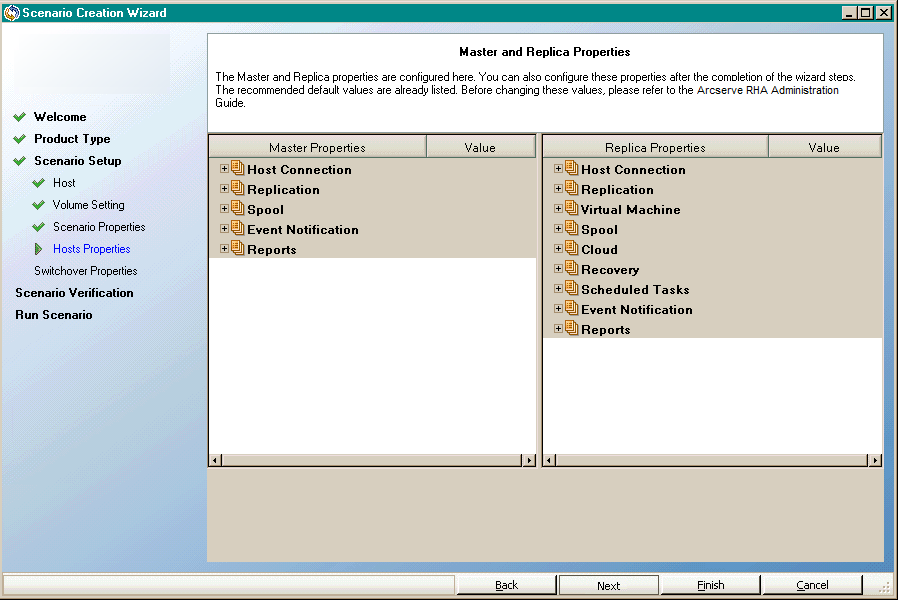 specify master and replica properties in the scenario creation wizard