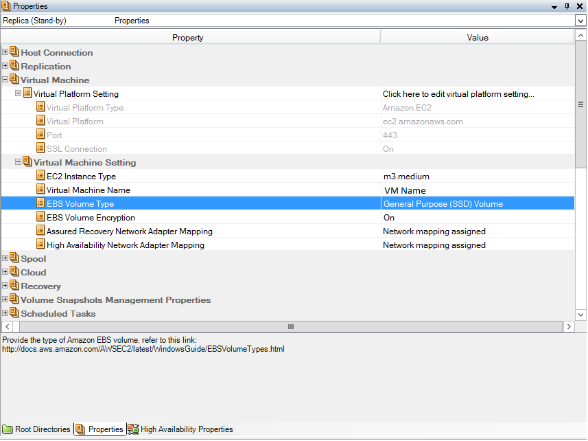 Example of cloud properties specified in the Switchover properties dialog