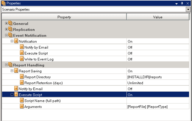 Scenario Properties showing scripts on