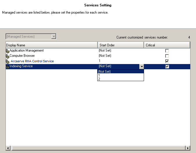 Services Setting screen showing Start Order