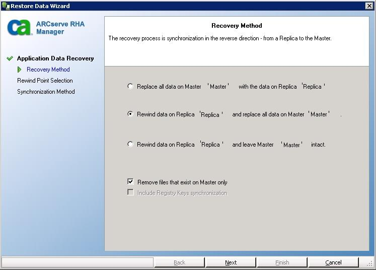 Recovery Method screen showing Rewind Data on Replica option
