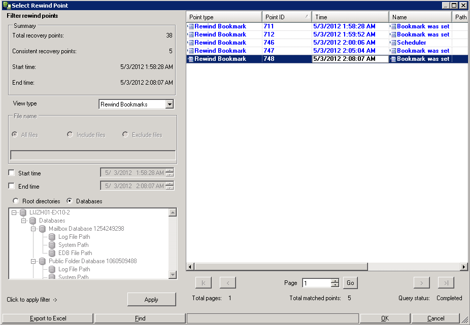 Select rewind point for Exchange scenario