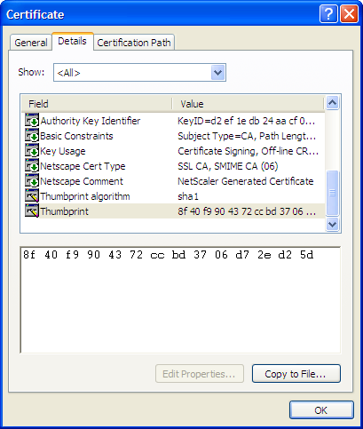 Certificate dialog - Detailes tab