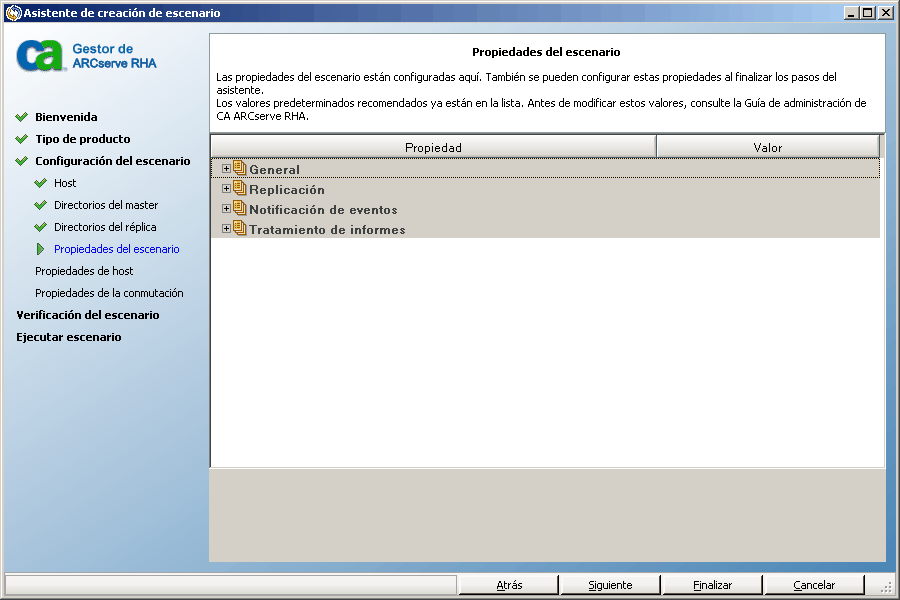 Se abren las propiedades del escenario.