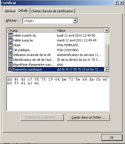 Boîte de dialogue de certificat - Onglet Détails