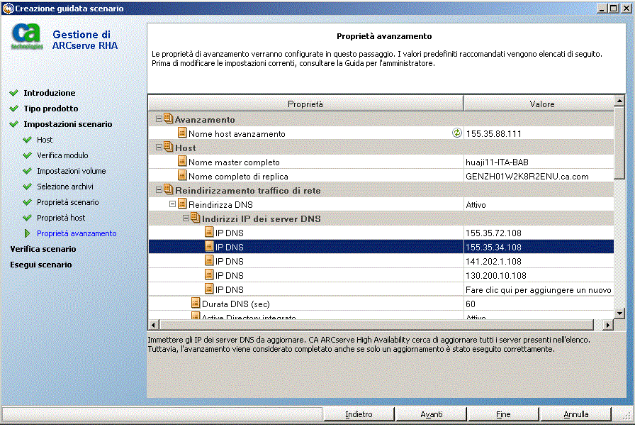 Esempio di specificazione delle proprietà cloud nella finestra Proprietà avanzamento