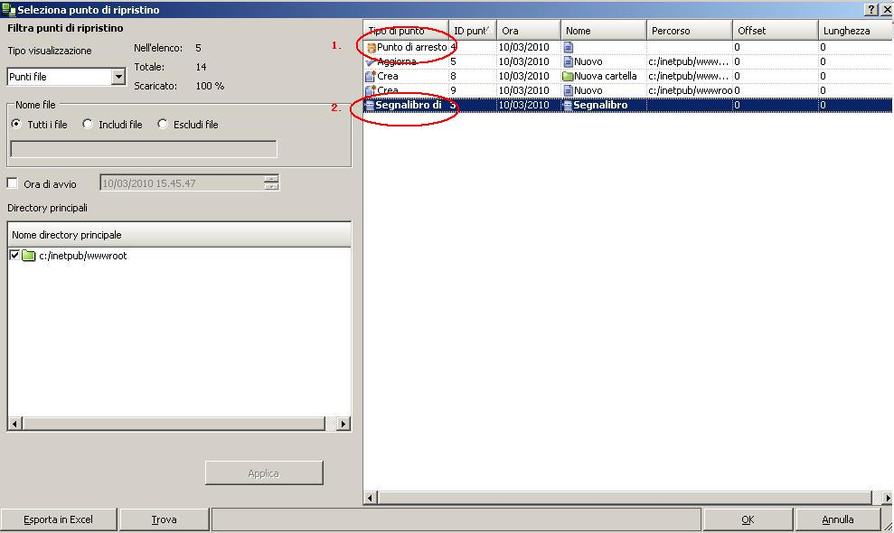 Selezione dei punti di ripristino per il server IIS