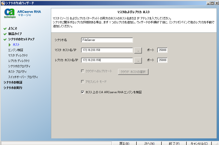 マスタおよびレプリカ ホストを指定します