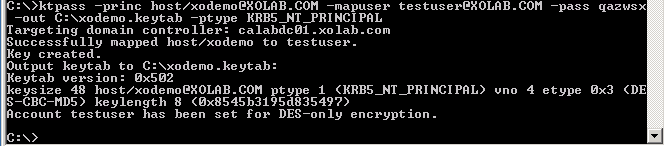 指定された DC 上で作成された ktpass keytab ファイルの例