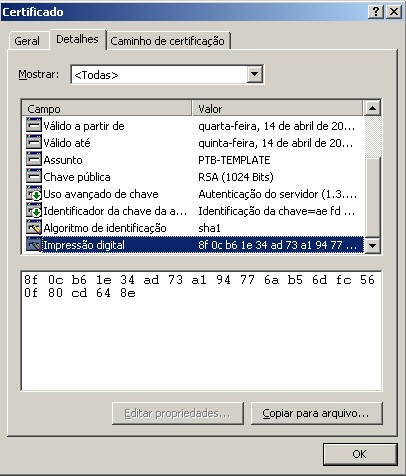 Caixa de diálogo Certificado - guia Detalhes