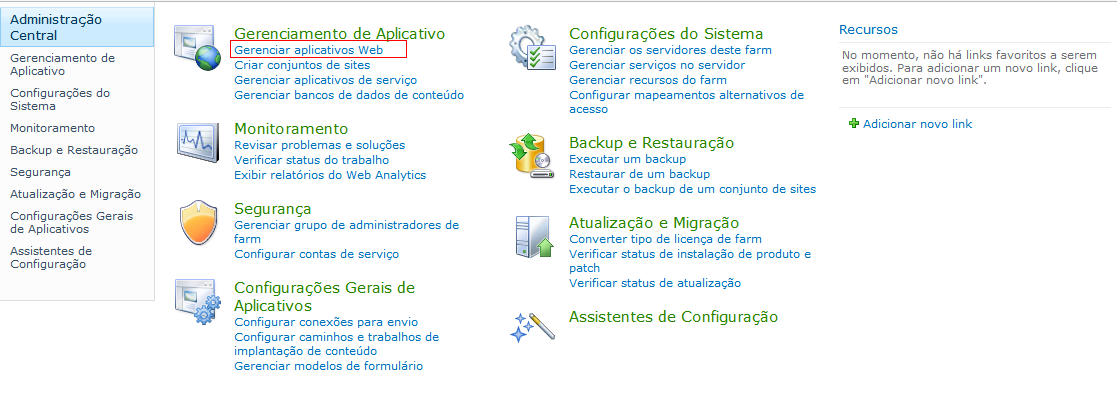 Administração central mostrando a opção Gerenciar Aplicativos Web realçado