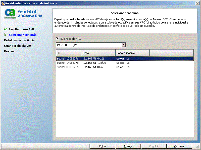 selecionar a sub-rede de VPC para anexar instâncias