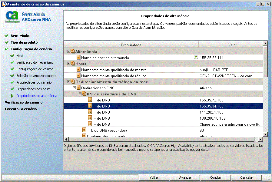 Exemplo de propriedades da nuvem especificadas na caixa de diálogo Propriedades de alternância
