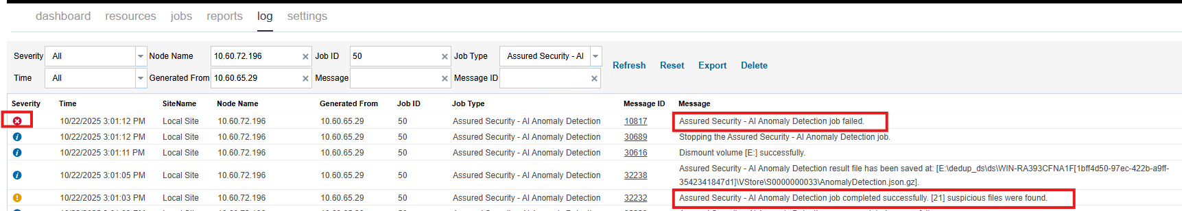 檢視 Assured Security - AI 異常偵測結果