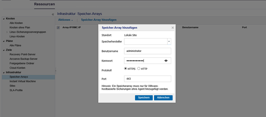 Bildschirm "Speicher-Array hinzufügen"