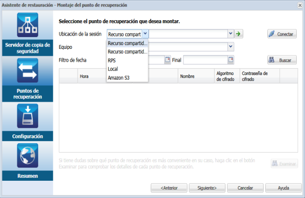Especifique el punto de recuperación para el paso 3 del montaje del punto de recuperación.