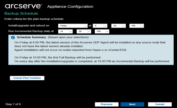 Setting up appliance and creating a plan - Backup schedule