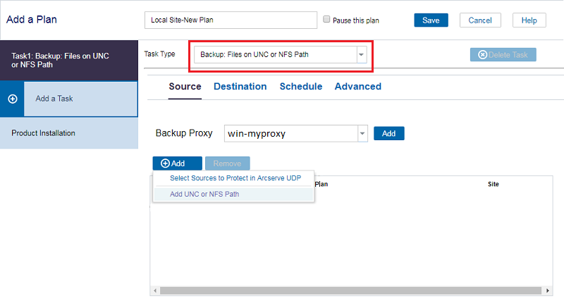 Create a Backup Plan with a UNC/NFS Path Task