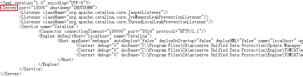 Server.xml 文件。 <Server> 字段被突出显示。