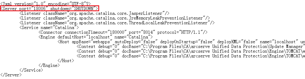 Server.xml 文件。 要修改的字段被突出显示。