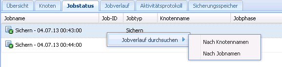 Kontextmenü für die Registerkarte "Jobstatus"