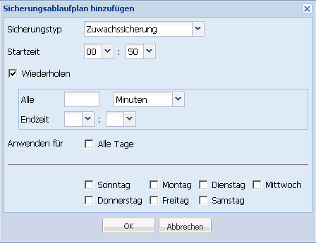 Dieses Diagramm zeigt das Dialogfeld "Sicherungsablaufplan hinzufügen" an