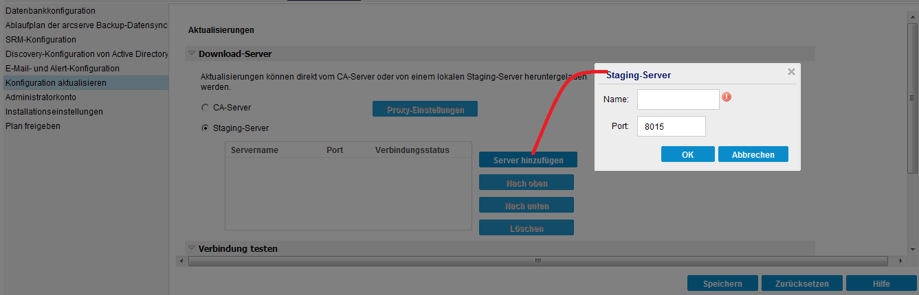 Option "Staging-Server" für Aktualisierungskonfiguration