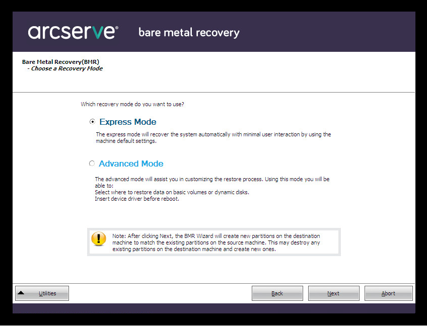 Bare Metal Recovery - Specify a Recovery Mode dialog.