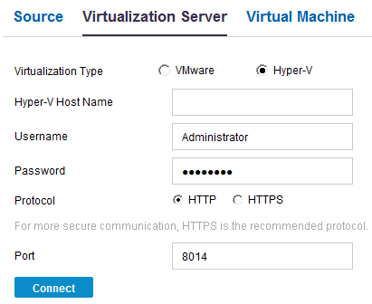 Virtualization server details for Hyper-V