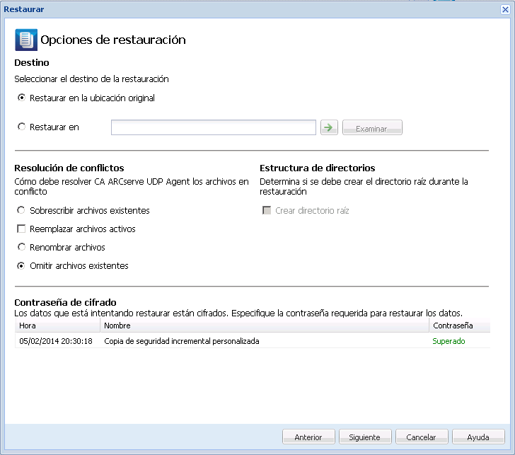 Este diagrama enseña las opciones de restauración disponibles para restaurar desde una copia de archivo