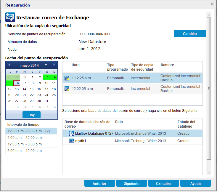 Cuadro de diálogo Restaurar correos de Exchange.