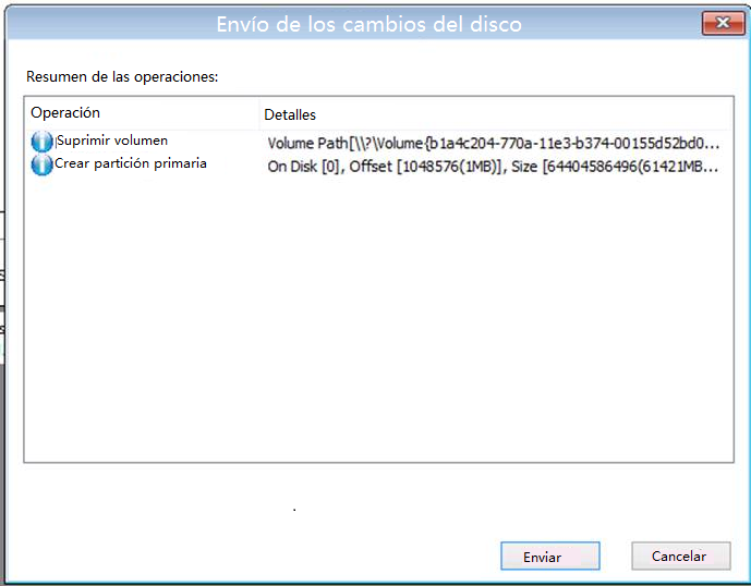 Reconstrucción completa - Cuadro de diálogo Enviar cambios de disco.