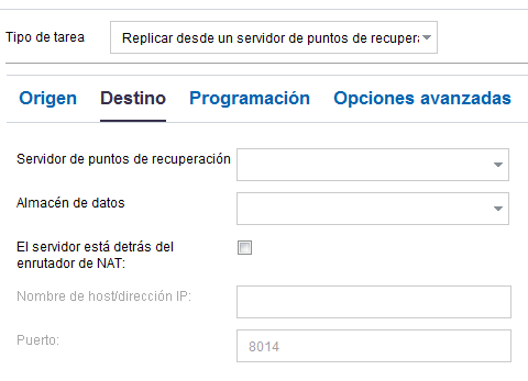 Ficha Destino en la tarea de replicación