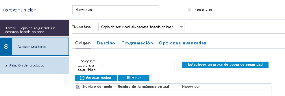 Tipo de tarea para copias de seguridad sin agente basadas en el host