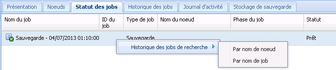 Menu contextuel de l'onglet Statut du job