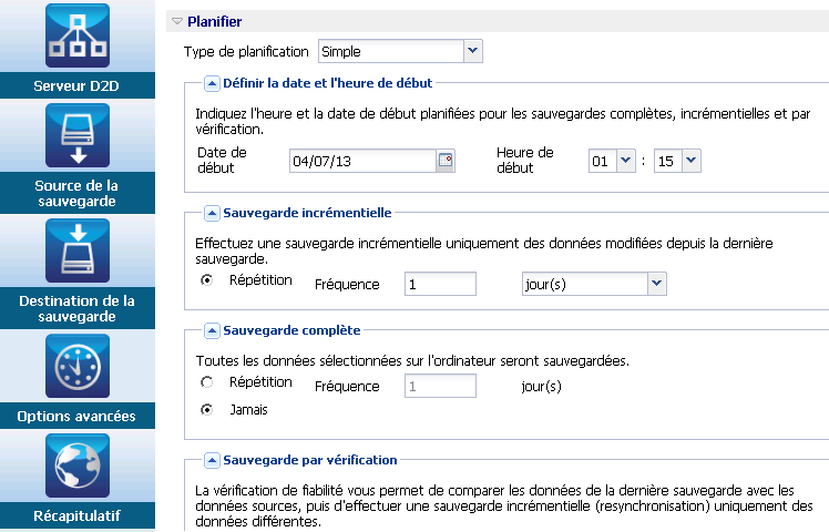 Page Options avancées de l'assistant de sauvegarde