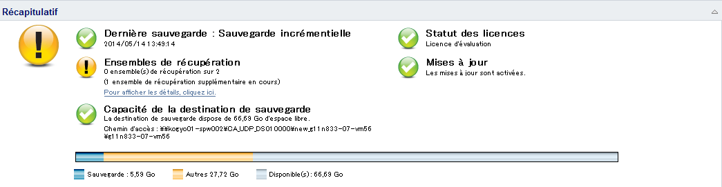 Page d'accueil - Présentation de l'état de la sauvegarde