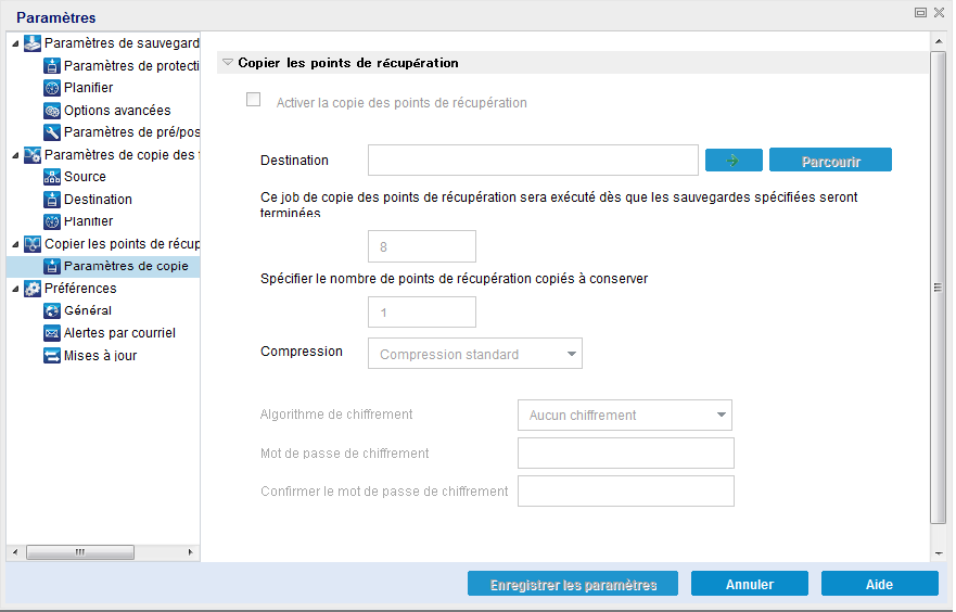 Cette image illustre les options disponibles pour configurer les paramètres de copie des points de récupération.