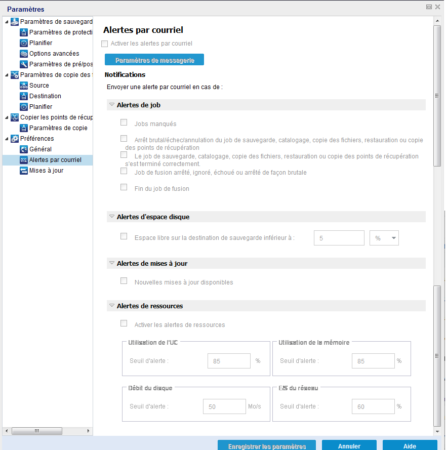 Boîte de dialogue Paramètres des préférences - Alertes par courriel