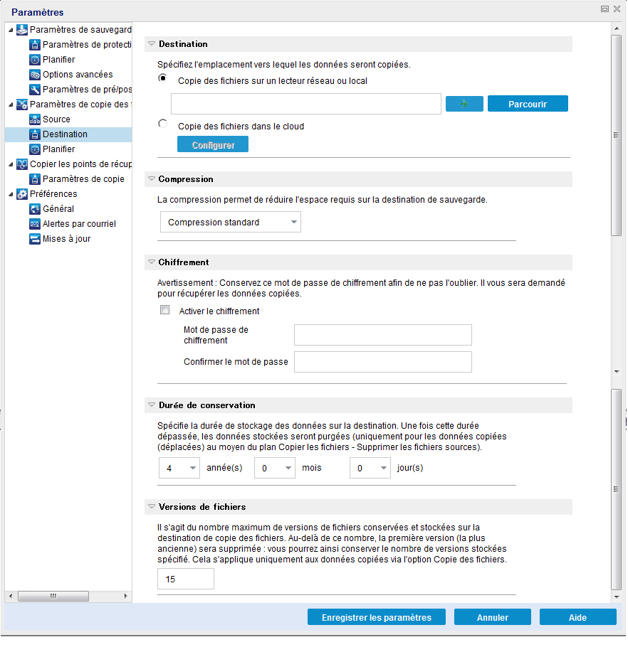 Boîte de dialogue Destination - Paramètres de copie des fichiers