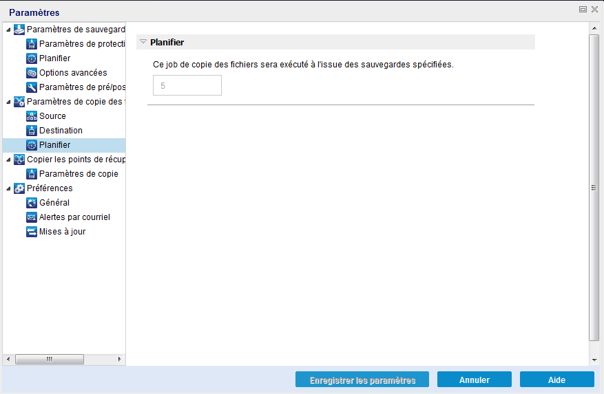 Boîte de dialogue Planifier - Paramètres de copie des fichiers