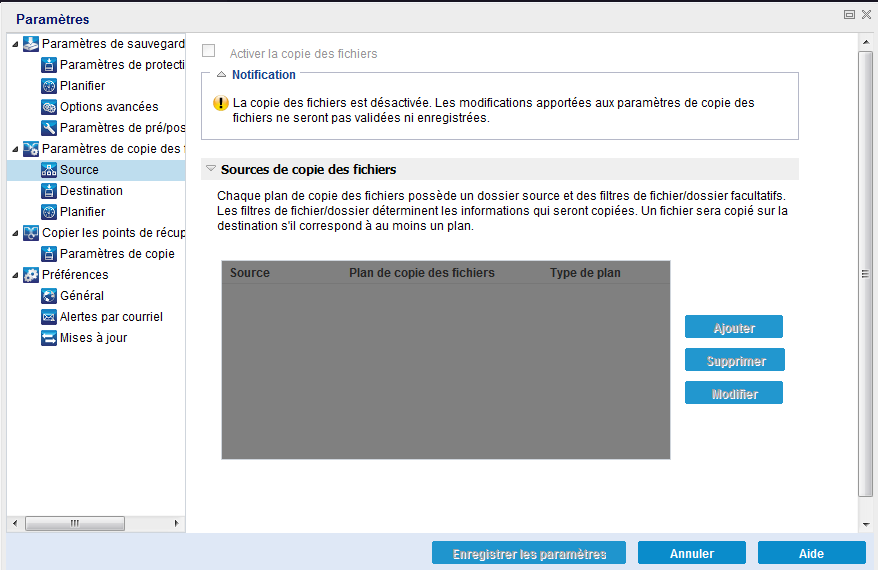 Boîte de dialogue Source - Paramètres de copie des fichiers