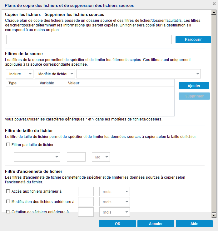 Boîte de dialogue Stratégies de copie des fichiers et de suppression des fichiers sources