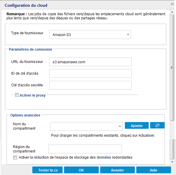 Boîte de dialogue Configuration du cloud - Copie des fichiers