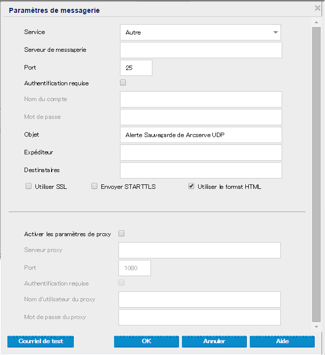 Boîte de dialogue de configuration de la sauvegarde et des paramètres de messagerie