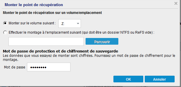 Boîte de dialogue Monter le point de récupération