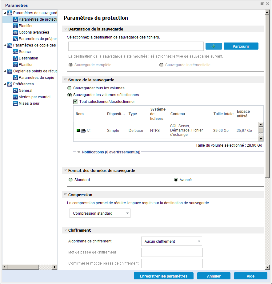Sauvegarder - Paramètres de protection
