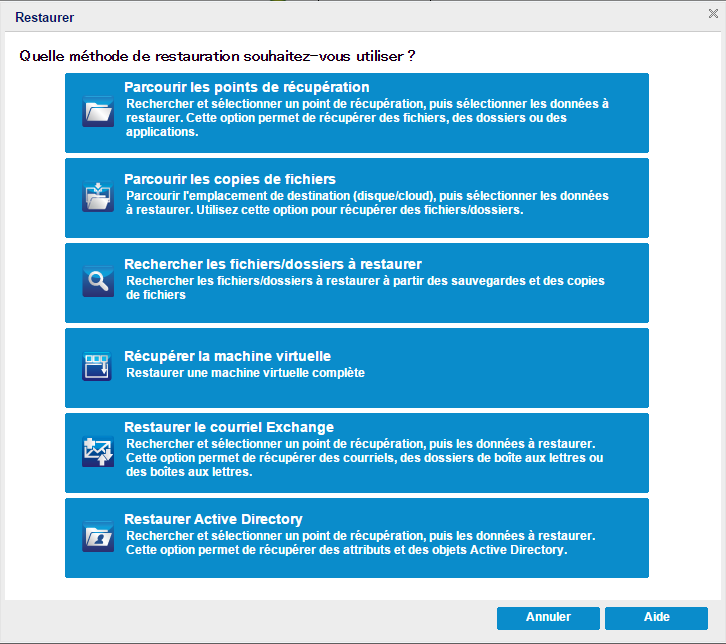 Boîte de dialogue de sélection d'une méthode de restauration