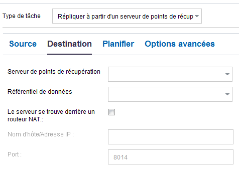 Onglet Destination d'une tâche de réplication