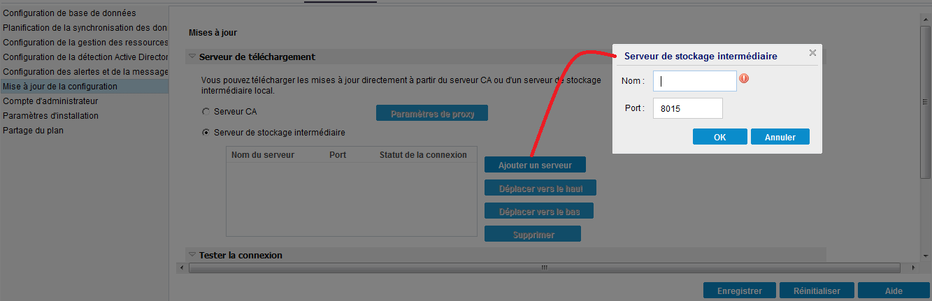 Option Serveur de stockage intermédiaire pour la mise à jour de la configuration